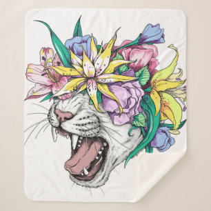 Kute cartoon wilde kattenkop in een florale poot.  sherpa deken