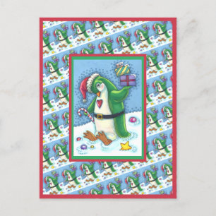KUTE CHRISTMAS PENGUIN DRESSED IN GROEN, VANDAAG BRIEFKAART