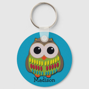 Kute Colorful Owl op Blue Personalized Sleutelhang Sleutelhanger