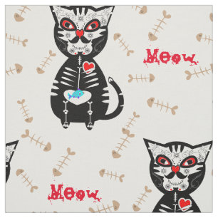 Kute Day of the Dead Sugar Skull Cat Meow Print Stof