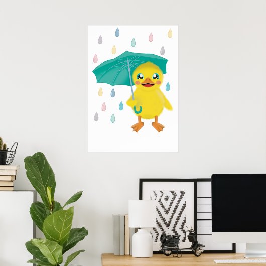 Kute Duck met paraplu in regenboogregen Poster (Thuiskantoor)
