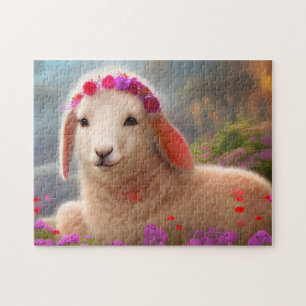 Kute-easter lamb met bloemen - legpuzzel