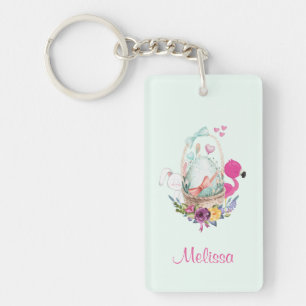 Kute Egg in een mandje met Flamingo en Bunny Sleutelhanger