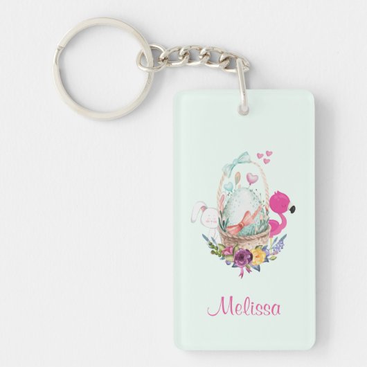 Kute Egg in een mandje met Flamingo en Bunny Sleutelhanger (Voorkant)
