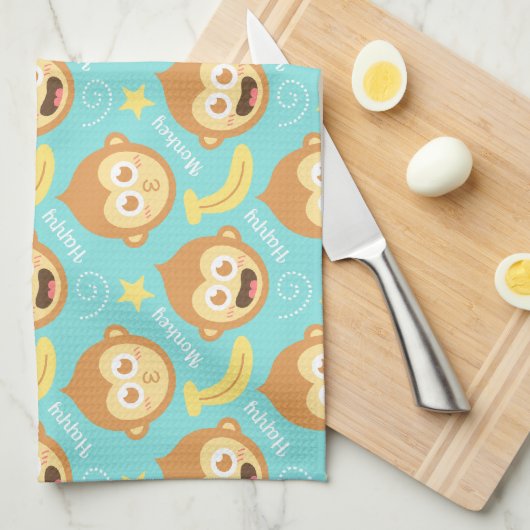 Kute en Happy Monkey, Bananen en Sterren Theedoek (Quarter Fold)