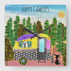 Kute en kleurrijke Happy Camper Square Wall klok