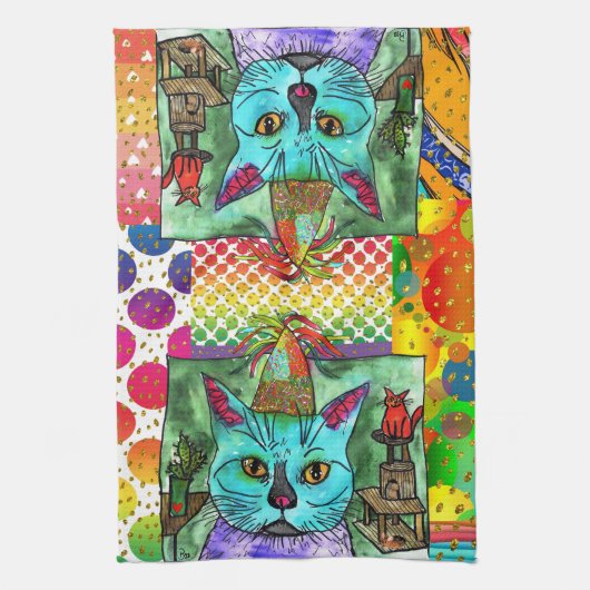 Kute en kleurrijke kat en muis 1/2 Vet Theedoek (Verticaal)