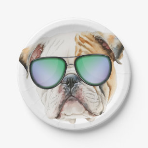Kute engelse buldog met zonnebril, grappige puppy papieren bordje
