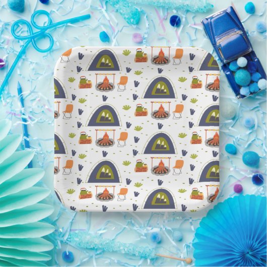 Kute family camping bonfire & tent gras vierkant papieren bordje (Feest)