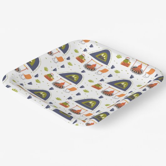 Kute family camping bonfire & tent gras vierkant papieren bordje (Gebogen)