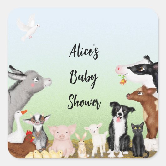 Kute farm animals baby shower square stickers (Voorkant)