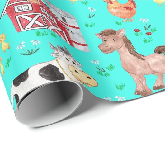 Kute farm Animals Barnyard Blauwgroen Cadeaupapier (Rol Hoek)