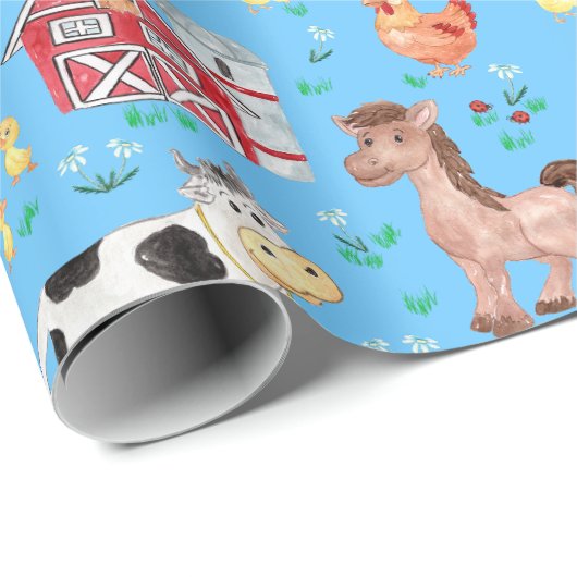 Kute farm animals Barnyard Blue Background Cadeaupapier (Rol Hoek)