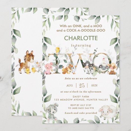Kute farm Animals Barnyard Greenery 2e verjaardag Kaart (Voorkant / Achterkant)