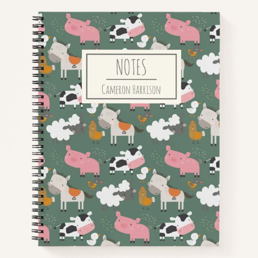 Kute farm Animals Pattern in Green Personalized Notitieboek (Voorkant)