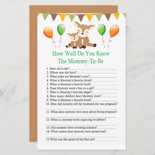Kute fawn Hoe goed ken je het baby shower spel? (Voorkant / Achterkant)