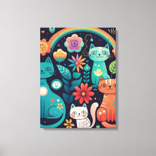 Kute Feminine Colorful Boho Style Cats and Flowers Canvas Afdruk