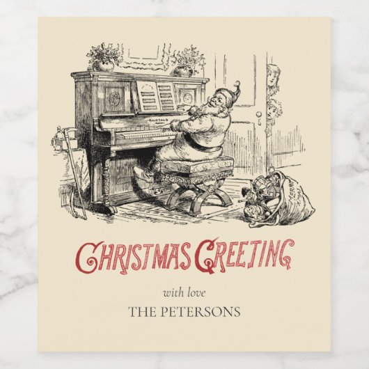 Kute Festive  Victoriaans Kerstman met Piano Wijn Etiket (Enkel label)
