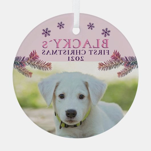 Kute first-kerstfoto Puppy Pink-kerstfoto Glas Ornament (Achterkant)