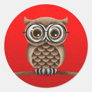 Kute fluffy bruine kuit met leesbril, rood ronde sticker