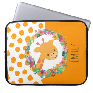 Kute Giraffe met een gepersonaliseerde Floral Wrea Laptop Sleeve