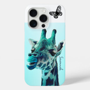 Kute  Giraffe met een vlinder op Aqua iPhone 15 Pro Case