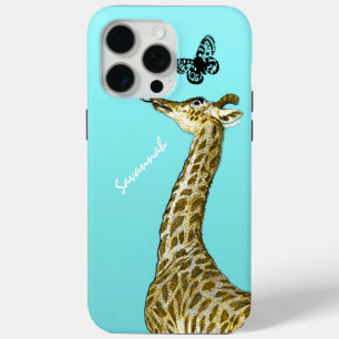 Kute Giraffe met een vlinder op Aqua iPhone 15 Pro Max Hoesje