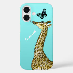 Kute  Giraffe met een vlinder op Aqua iPhone 16 Hoesje