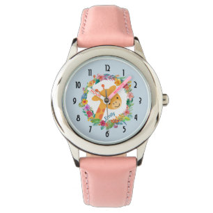 Kute Giraffe met een Waterverf Floral Wreater Horloge