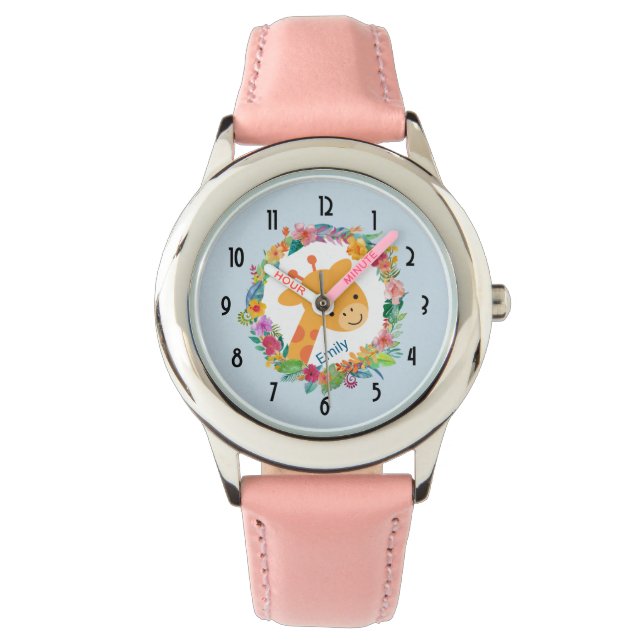 Kute Giraffe met een Waterverf Floral Wreater Horloge (Voorkant)