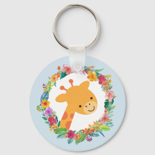 Kute Giraffe met een Waterverf Floral Wreater Sleutelhanger