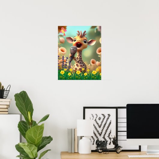 Kute Giraffe zingt met microfoon in bloementtuin Poster (Thuiskantoor)
