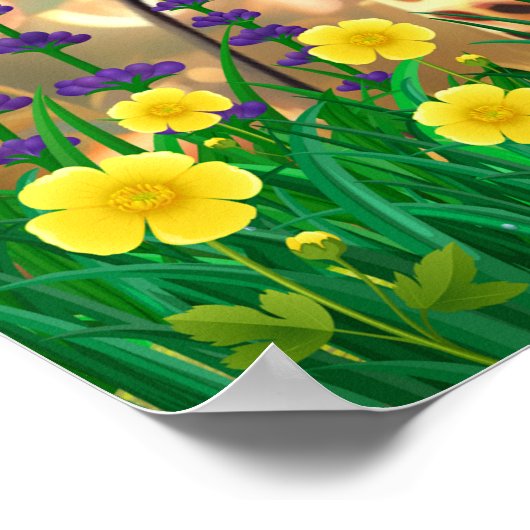 Kute Giraffe zingt met microfoon in bloementtuin Poster (Hoek)