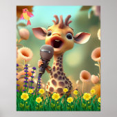 Kute Giraffe zingt met microfoon in bloementtuin Poster (Voorkant)