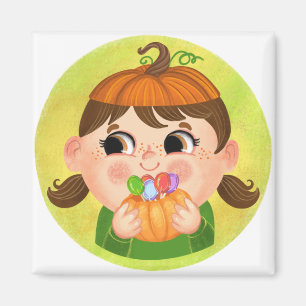 Kute girl in een kostuum van Pumpkin Halloween Magneet