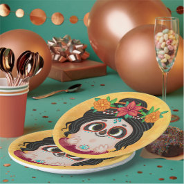 Kute girl op een dag van het Dead Halloween kostuu Papieren Bordje