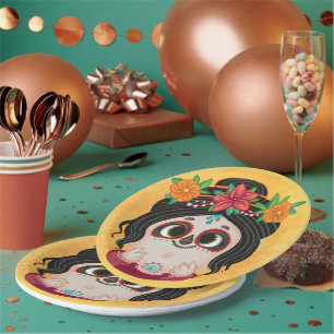 Kute girl op een dag van het Dead Halloween kostuu Papieren Bordje