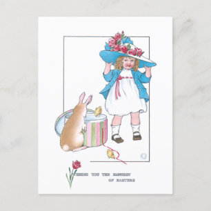 Kute Girl w/Paasbonnet, Bunny & Chicken Feestdagenkaart