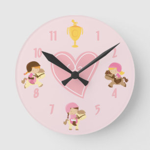 Kute Girls en Ponies met English Tack Pink Horse Ronde Klok