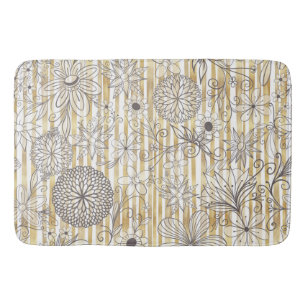 Kute Girly Grey Floral Doodles Gold Stripes Design Badmat