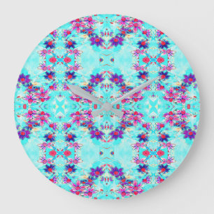 Kute Girly Paars Flower Pattern op Aqua Blue Grote Klok