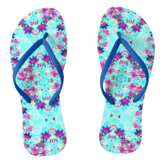 Kute Girly Paars Flower Pattern op Aqua Blue Teenslippers (Voetbed)