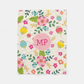 Kute Girly Pastel Spring Flower Pattern + Monogram Fleece Deken (Voorkant)