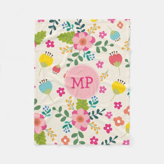 Kute Girly Pastel Spring Flower Pattern + Monogram Fleece Deken (Voorkant)