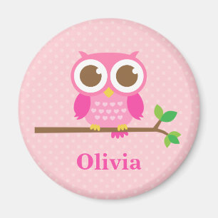 Kute Girly Pink Owl on Branch for Girls Magneet