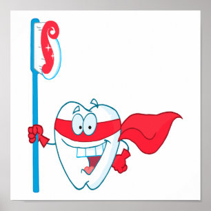 Kute glimlach superheld tand met tandenborstel poster