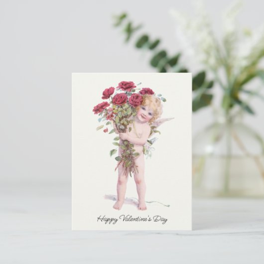 Kute glimlach Valentijn Cupid met Rozen Feestdagenkaart (Staand voorkant)