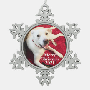 Kute glimlach White Puppy Dog Tin Sneeuwvlok Ornament