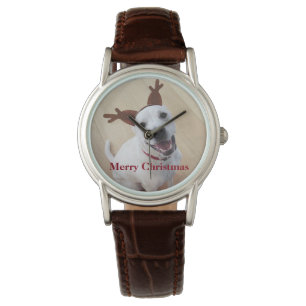Kute glimlach White Reindeer Puppy Dog Kerstmis Horloge