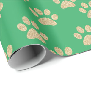 Kute Gold Glitter Paw Prints Pet Lovers Green Cadeaupapier